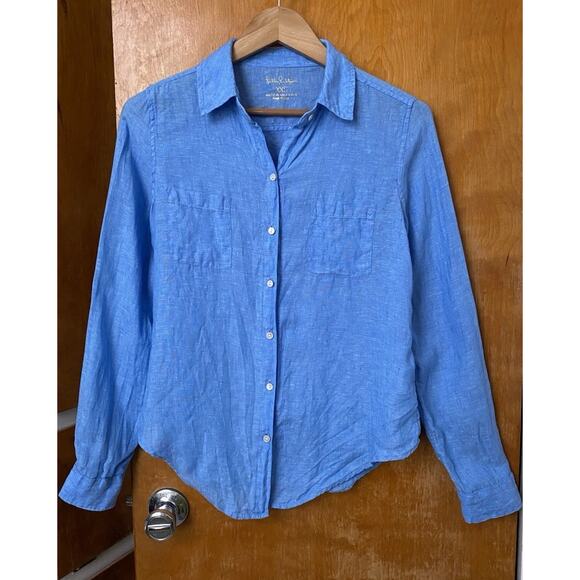 Lilly Pulitzer Sea View Linen Shirt Beckon Blue Button Down LS Sz XXS - Picture 3 of 6